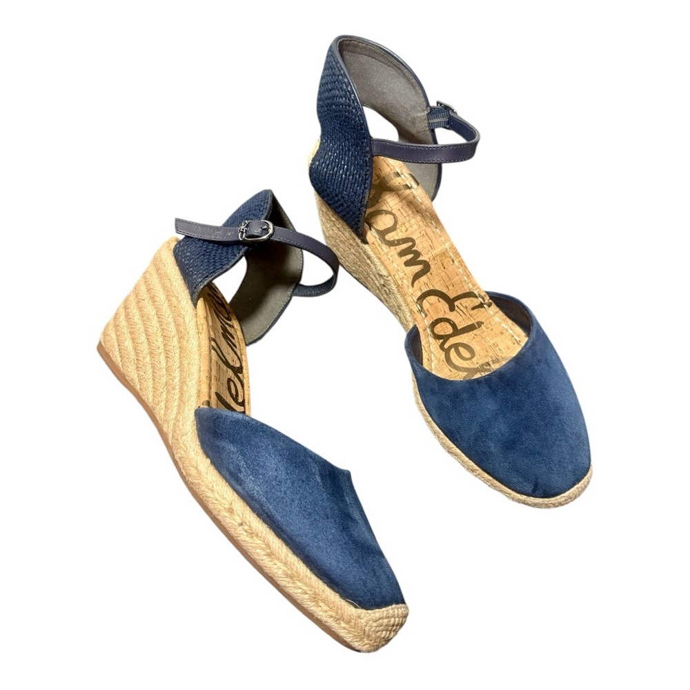 SAM EDELMAN Payton Navy Blue Suede Espadrille Wedge Sandals